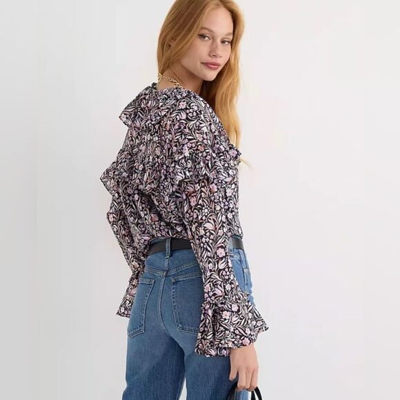 J. Crew Ditsy Flortal Crinkle Chiffon Top Size 3X Navy Flowy Loose Boho Cottage - Picture 7 of 13
